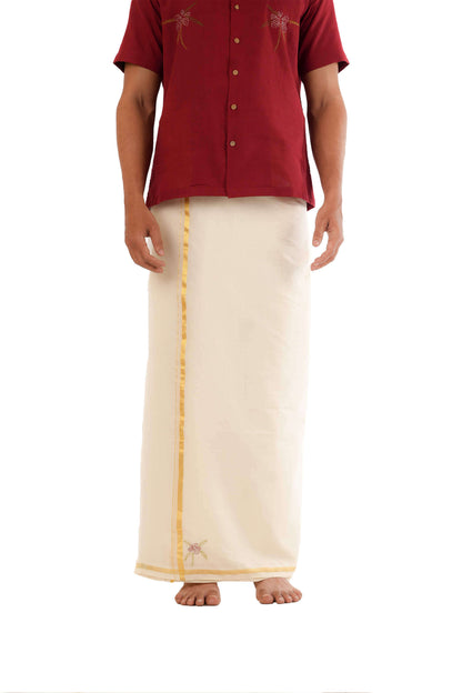 Hand Embroidered Thumba Poovu Maroon Handloom Shirt