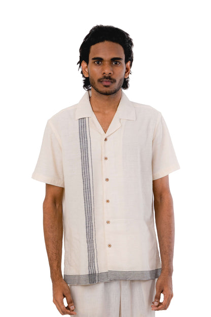 Off White Handloom Stripes Border Shirt