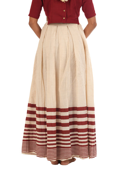 Off-White Handloom Skirt With Maroon Stripes