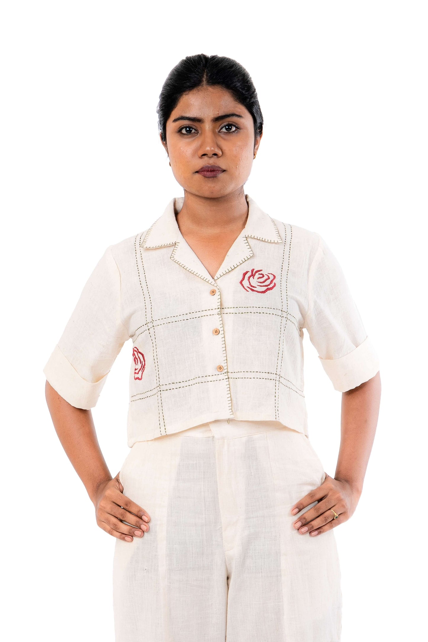 Handloom Red Rose Hand Embroidered Crop Shirt