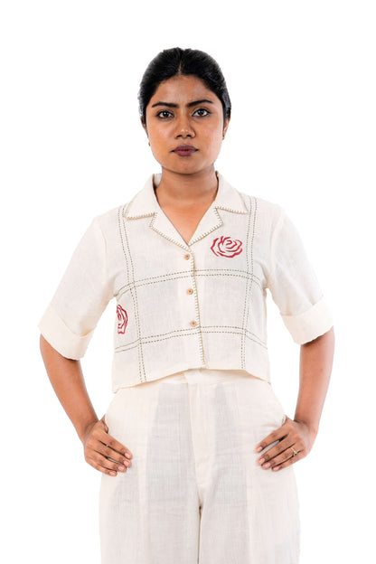 Handloom Red Rose Hand Embroidered Crop Shirt