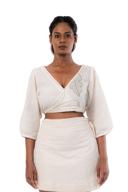 Wrap Round Organic Cotton Green Embroidered Puff Sleeve Crop Top