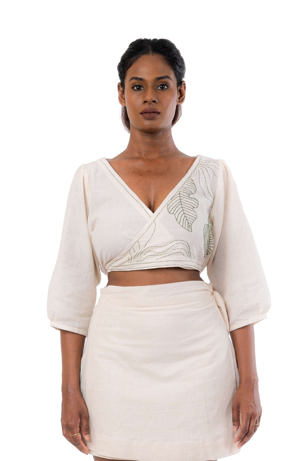 Wrap Round Organic Cotton Green Embroidered Puff Sleeve Crop Top