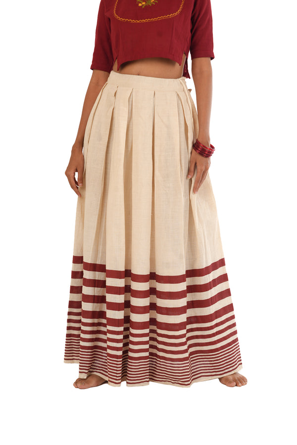 Off-White Handloom Skirt With Maroon Stripes