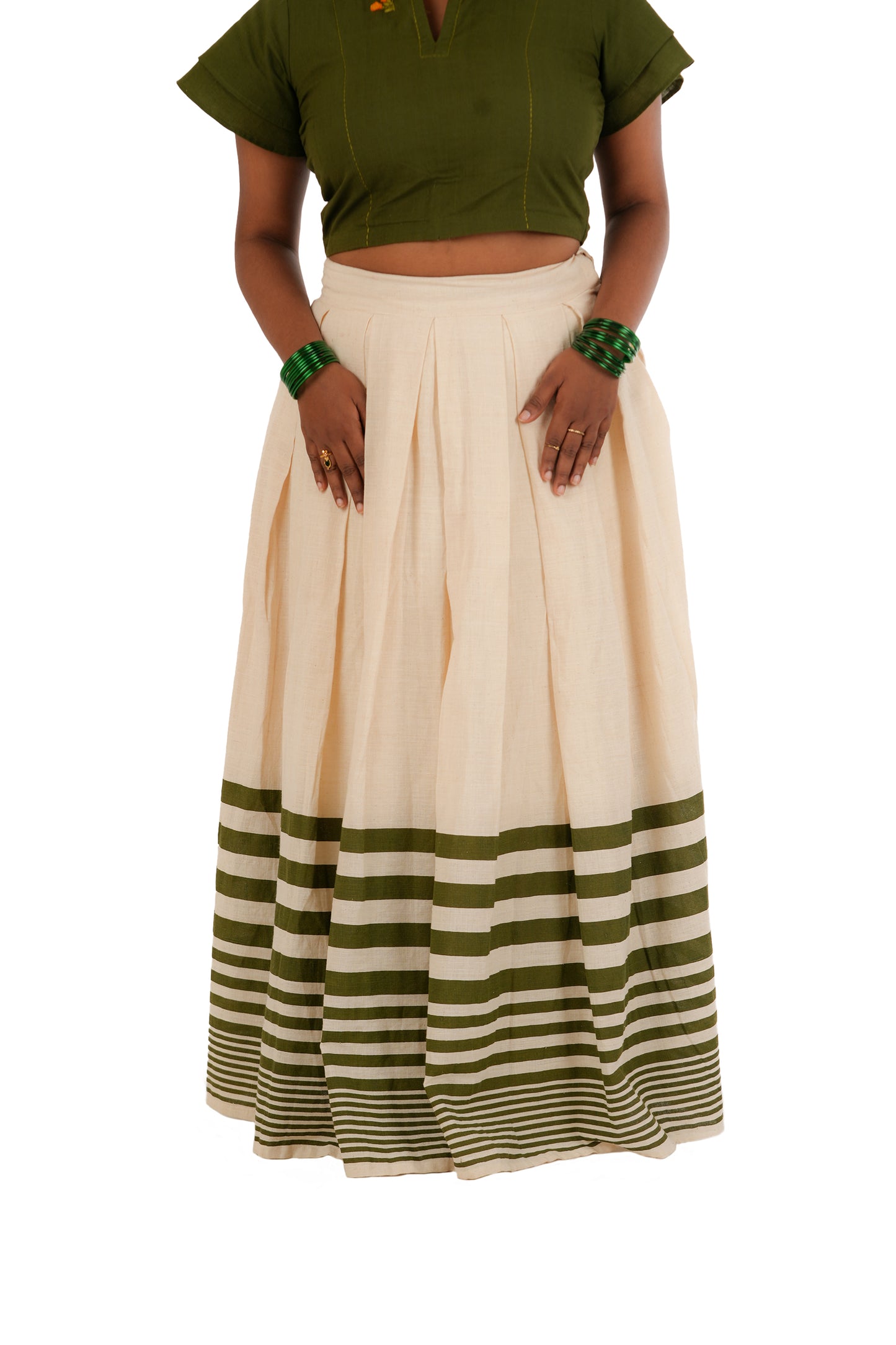 Green Stripes Off-White Handloom Skirt