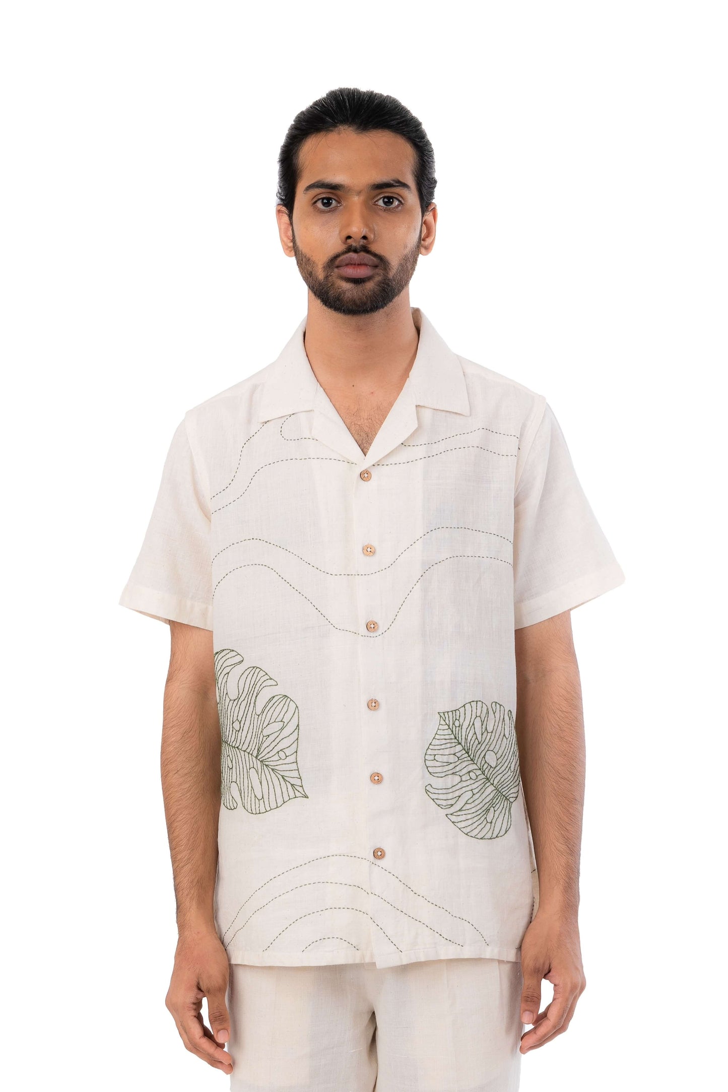 Monstera Leaf Embroidered Handloom Shirt