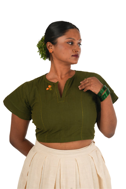 Handloom Hand Embroidered Marigold Sap Green Crop Top