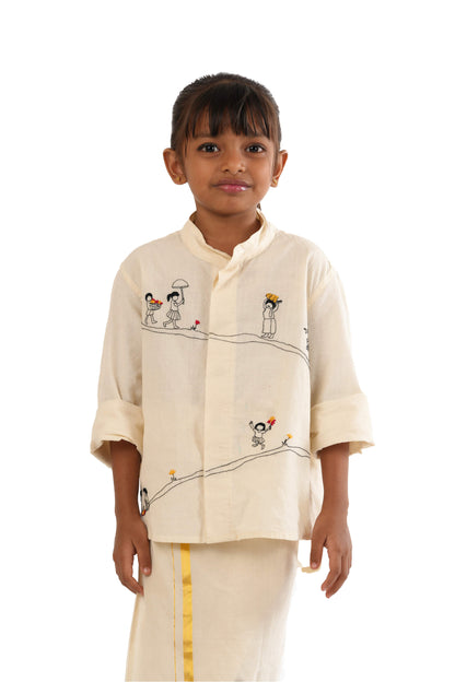 Onam Doodle Hand Embroidered Off-White Shirt