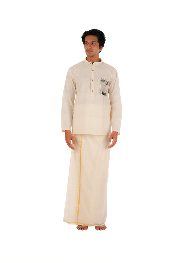 Vallamkali Hand Embroidered Handloom Off-White Short Kurta