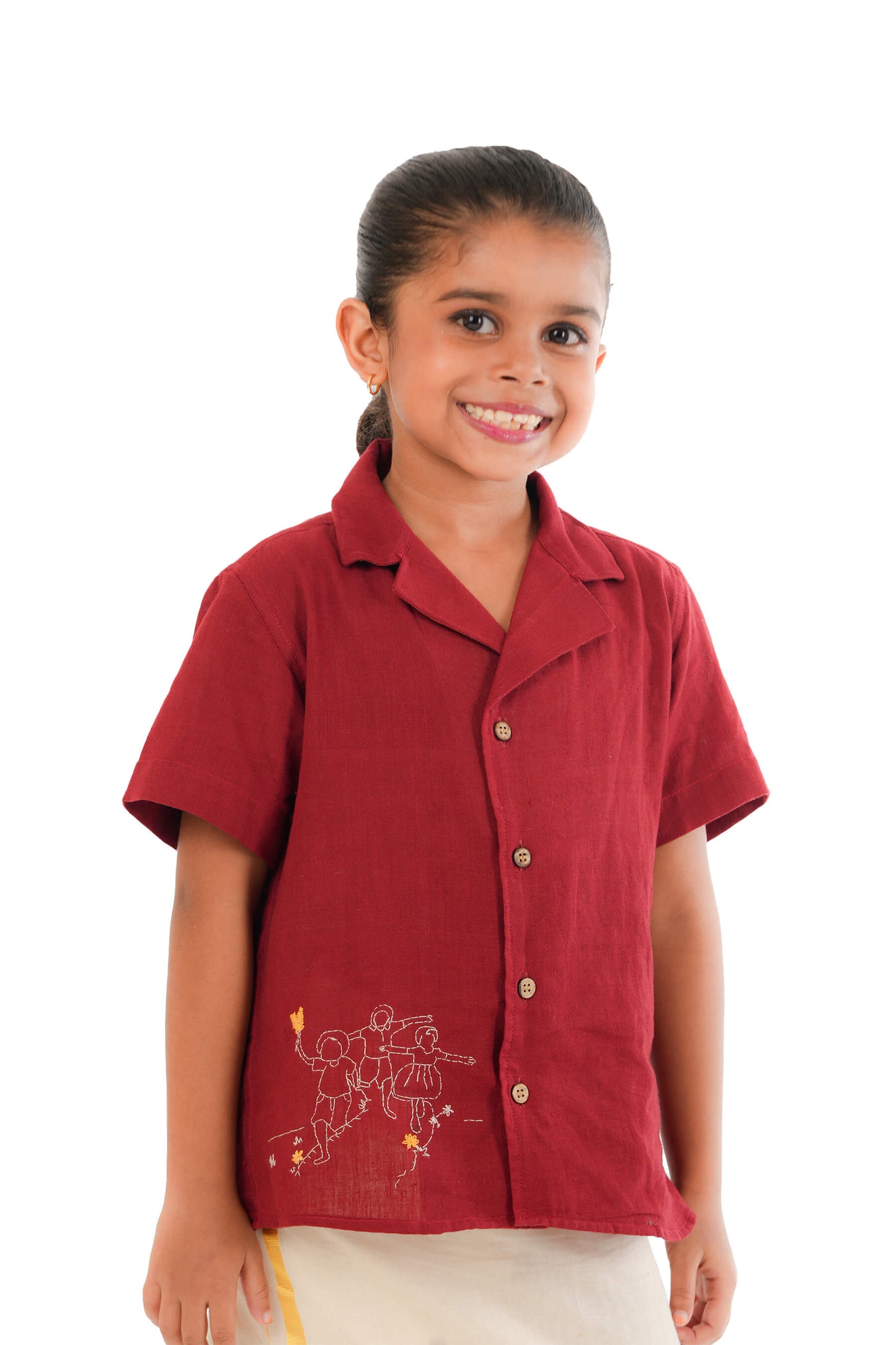 Hand Embroidered Handloom Maroon Kids Shirt