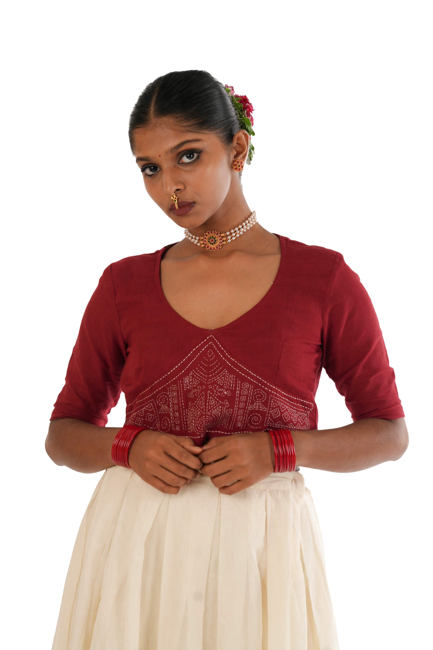 Thiruvathira Printed Handloom Maroon V-Neck Blouse