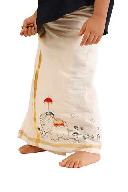 Balaramapuram Handloom Elephant Hand Embroidered Kids Mundu