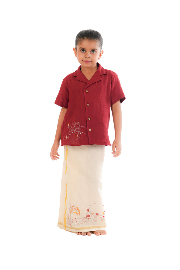 Hand Embroidered Handloom Maroon Kids Shirt