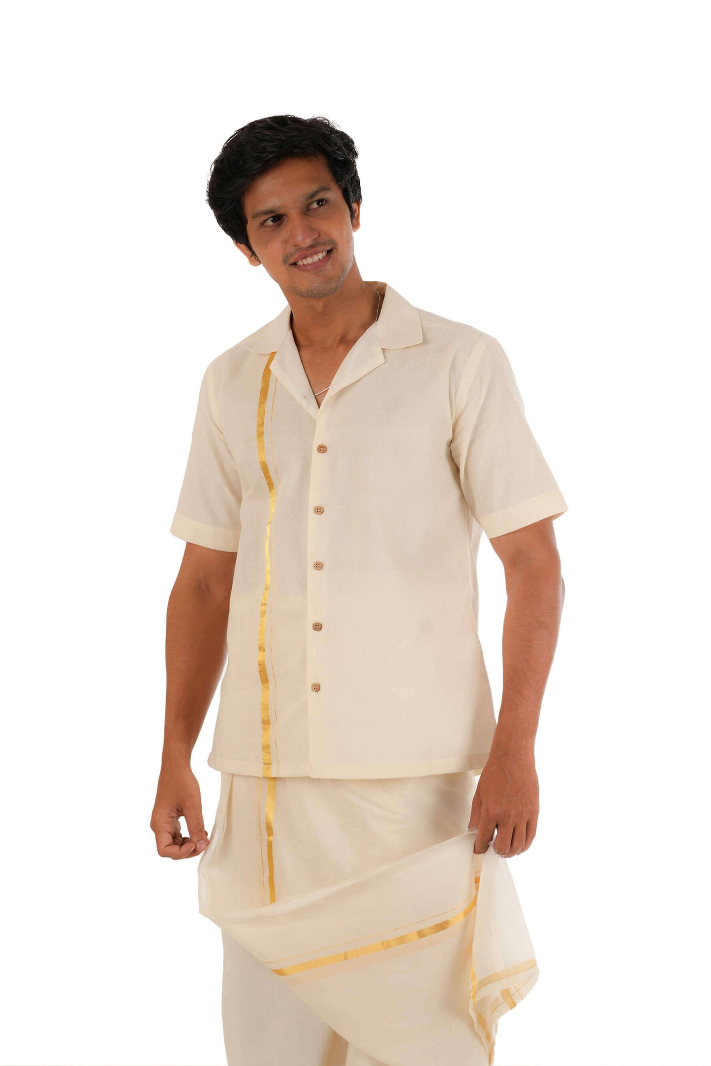 Off-White Handloom Shirt With Golden Zari Border