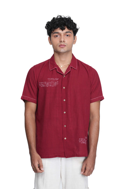 Post Card Hand Embroidered Maroon Shirt