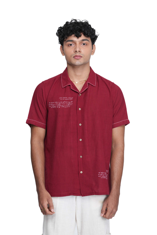 Post Card Hand Embroidered Maroon Shirt