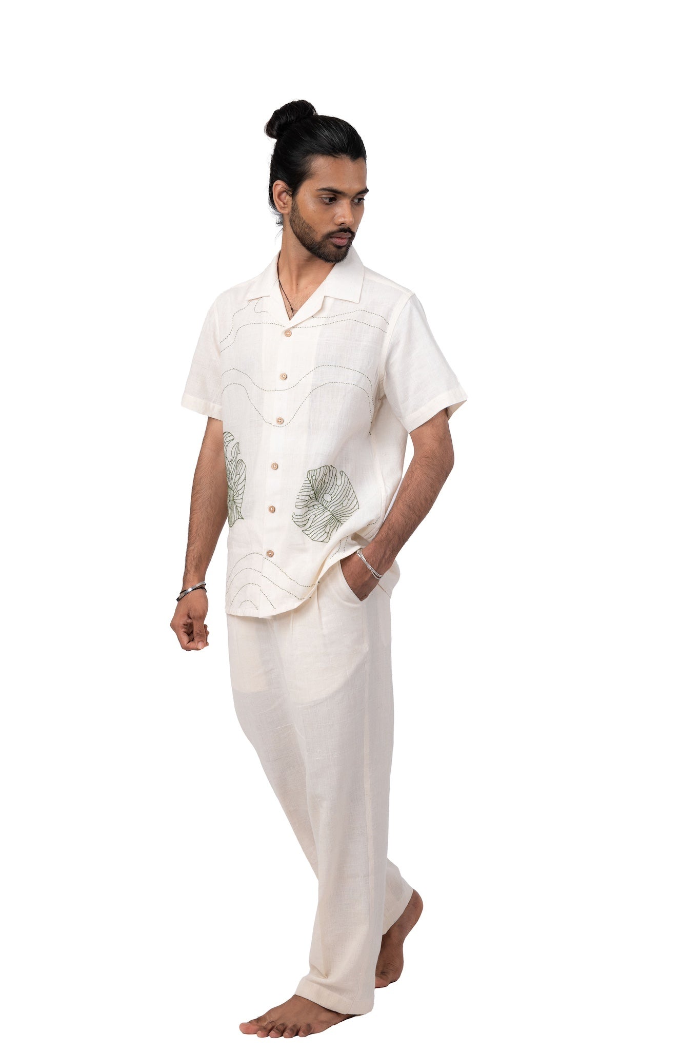 Monstera Leaf Embroidered Handloom Shirt