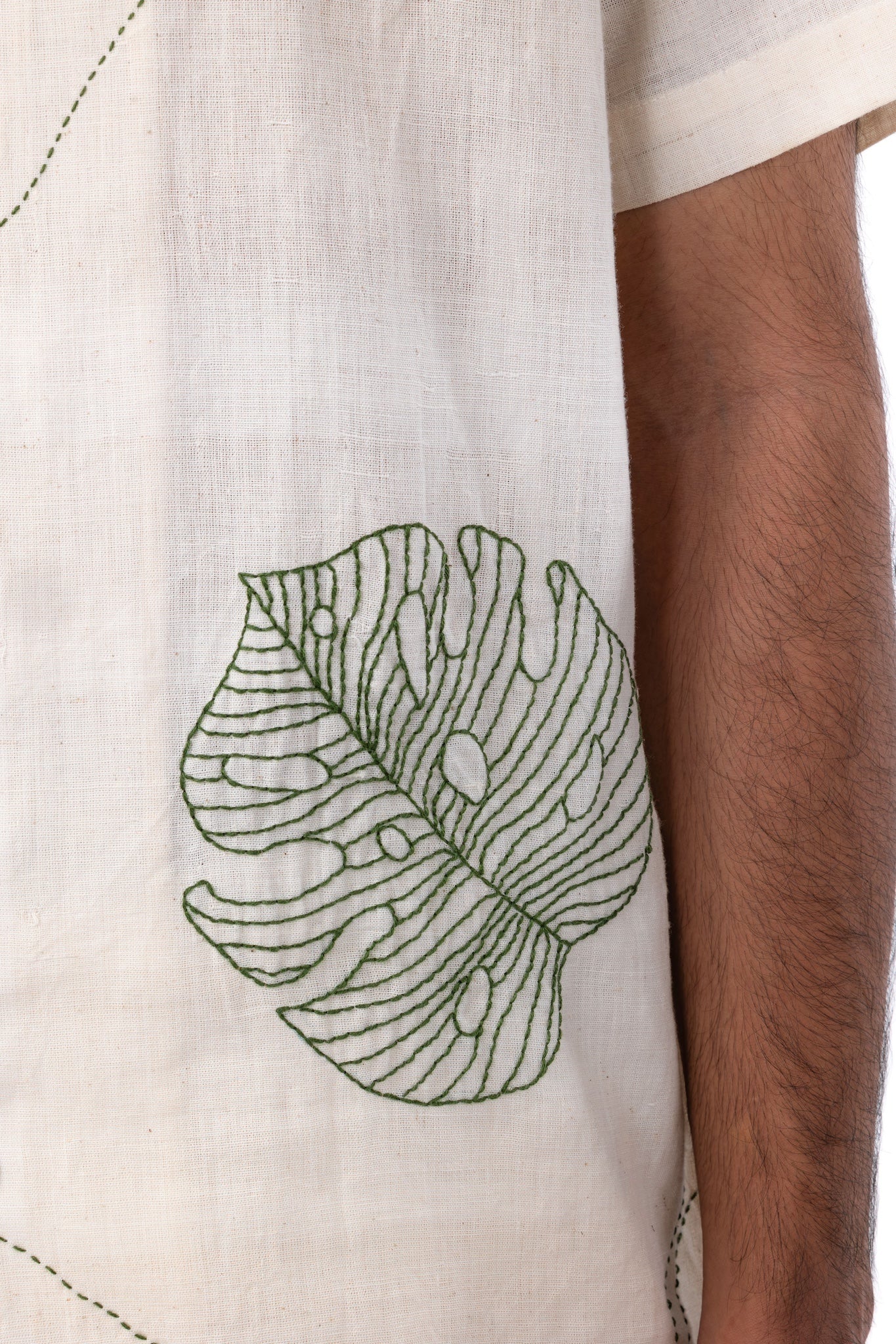 Monstera Leaf Embroidered Handloom Shirt