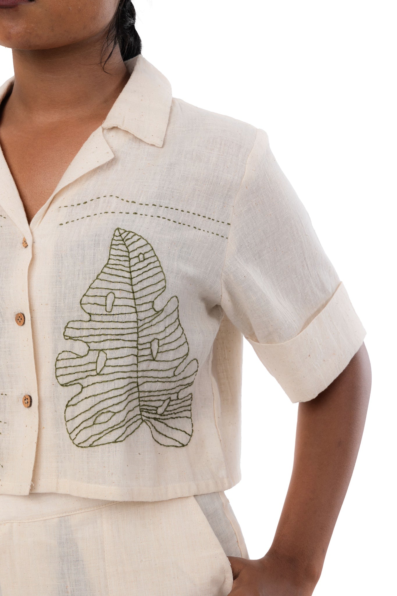 Organic Cotton Green Leaf Embroided Crop Top