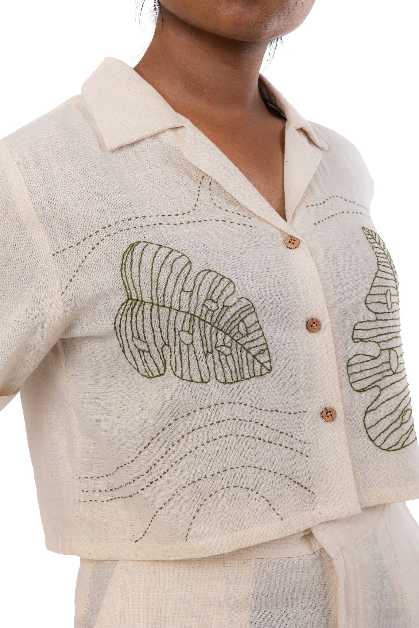 Organic Cotton Green Leaf Embroided Crop Top