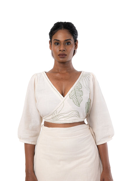 Wrap Round Organic Cotton Green Embroidered Puff Sleeve Crop Top