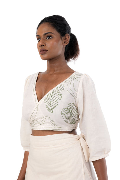 Wrap Round Organic Cotton Green Embroidered Puff Sleeve Crop Top