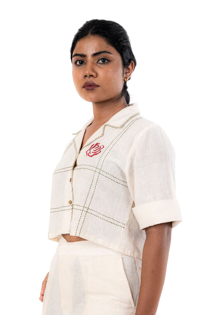 Handloom Red Rose Hand Embroidered Crop Shirt