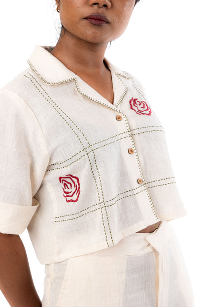 Handloom Red Rose Hand Embroidered Crop Shirt