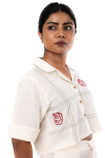 Handloom Red Rose Hand Embroidered Crop Shirt