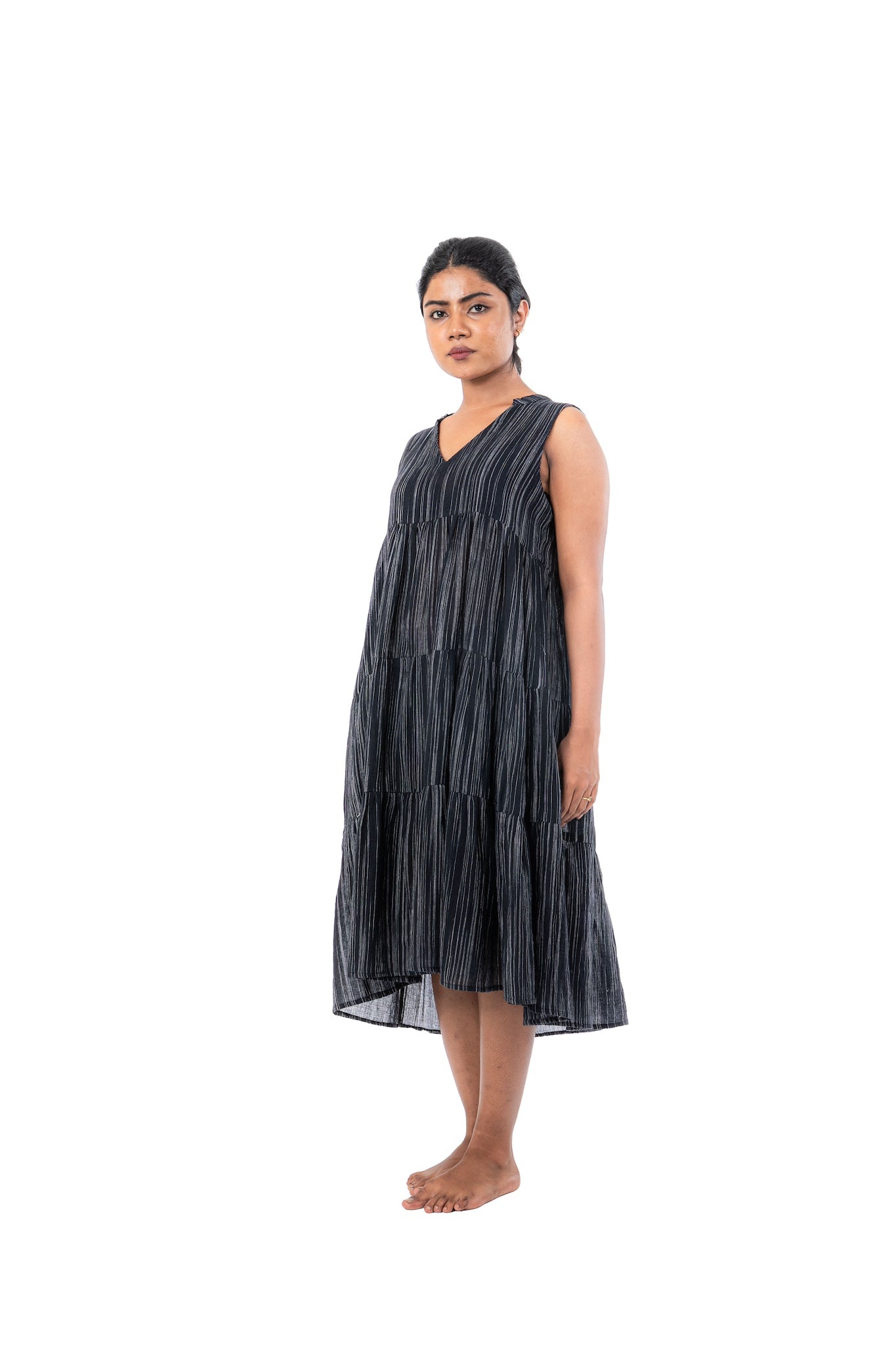 Handloom Crepe Black V-neck Collar Dress