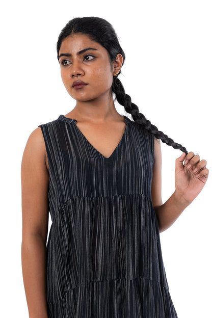 Handloom Crepe Black V-neck Collar Dress