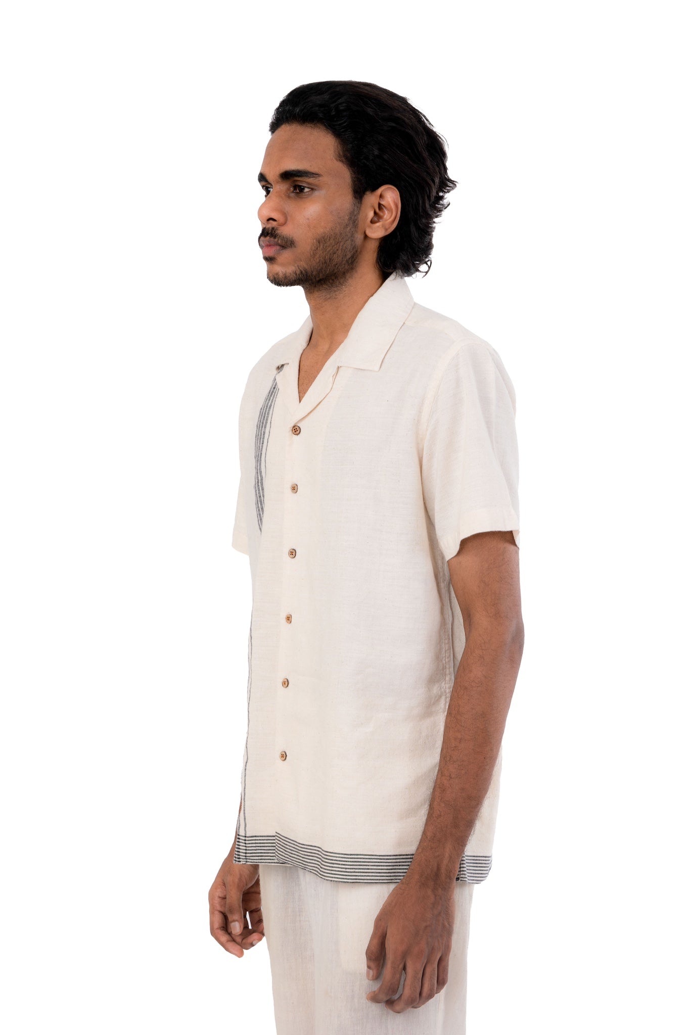 Off White Handloom Stripes Border Shirt