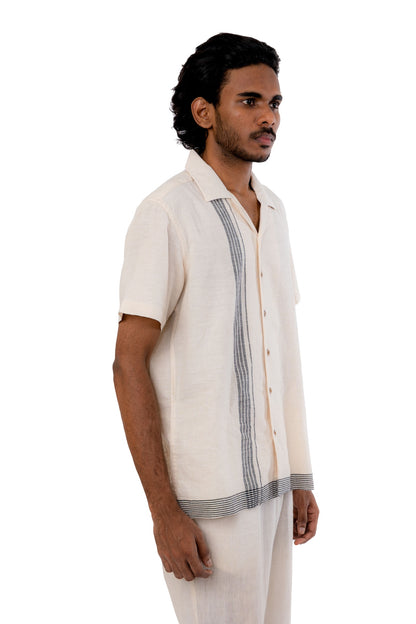 Off White Handloom Stripes Border Shirt