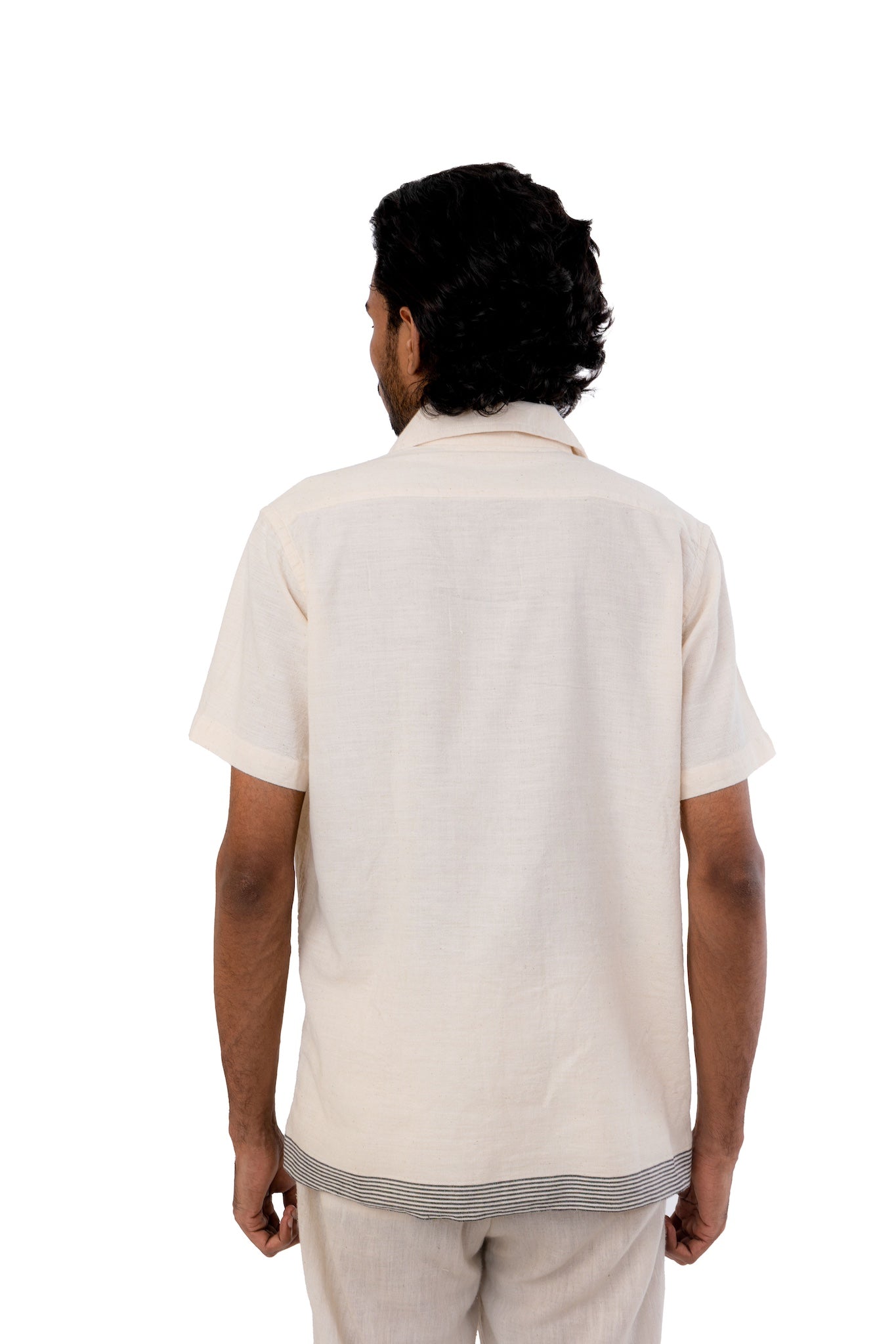 Off White Handloom Stripes Border Shirt