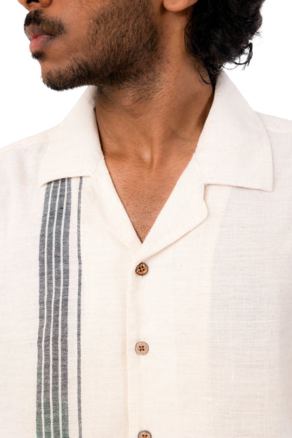 Off White Handloom Stripes Border Shirt