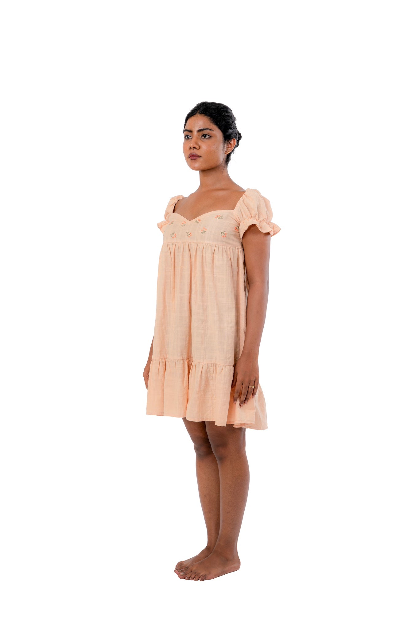 Pastel Hand Embroidered Puff Sleeve Handloom Dress