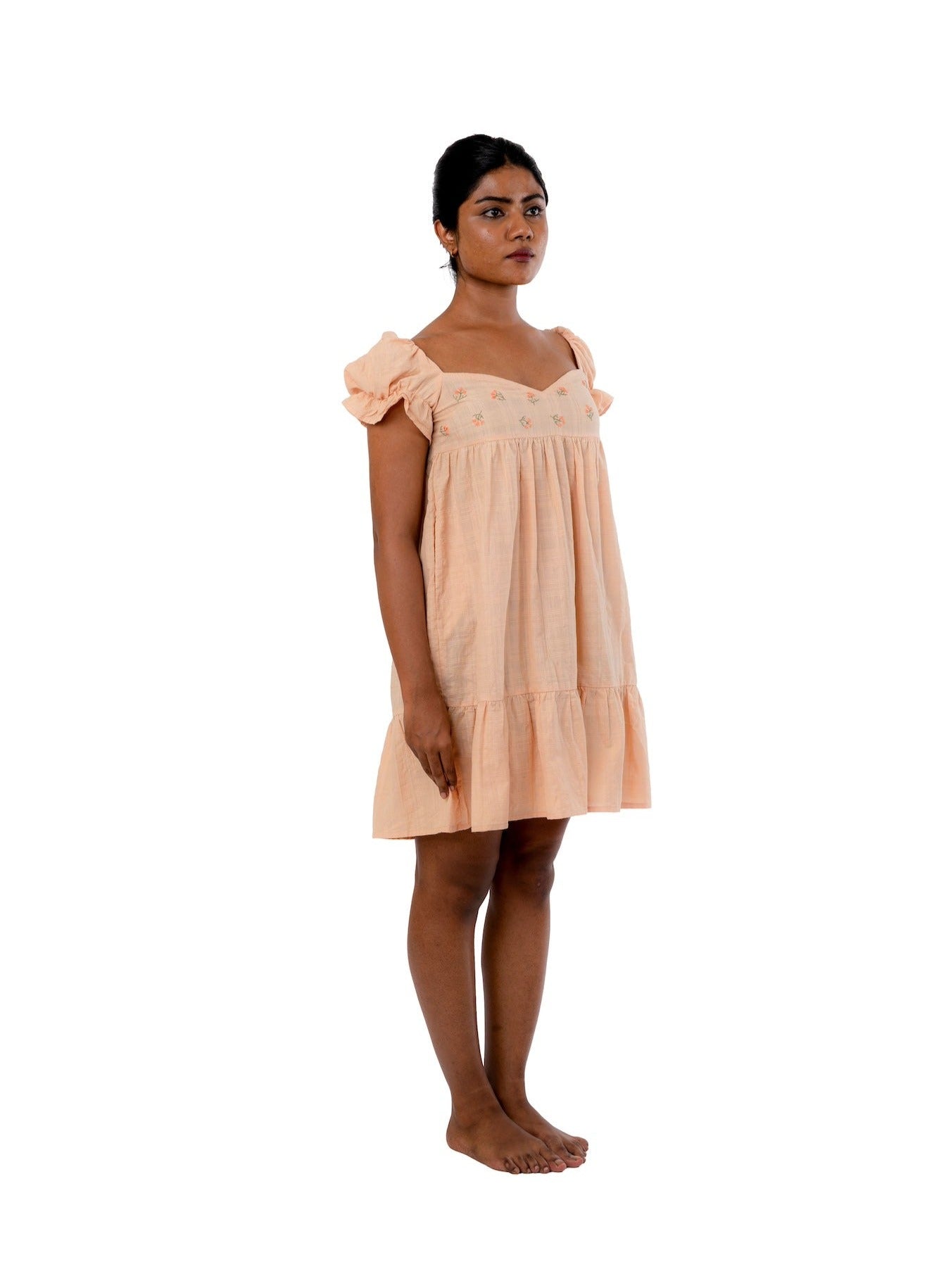 Pastel Hand Embroidered Puff Sleeve Handloom Dress