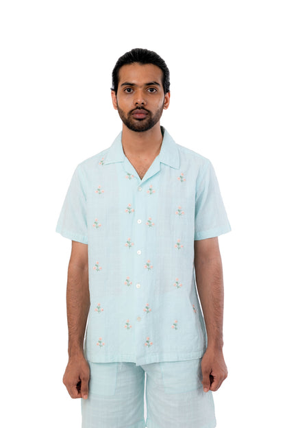 Pastel Blue With Pastel Orange Flower Embroidery Shirt