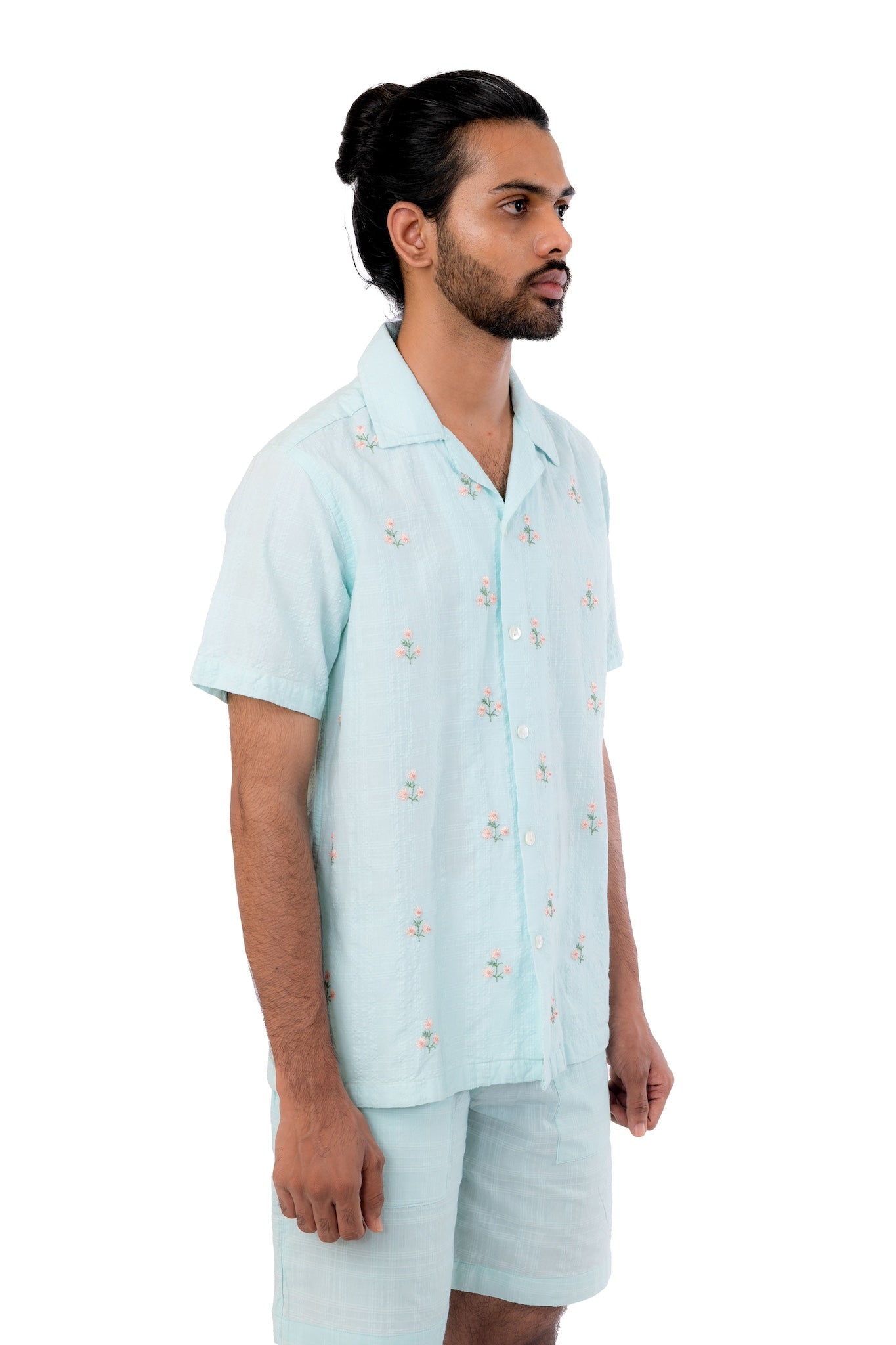 Pastel Blue With Pastel Orange Flower Embroidery Shirt