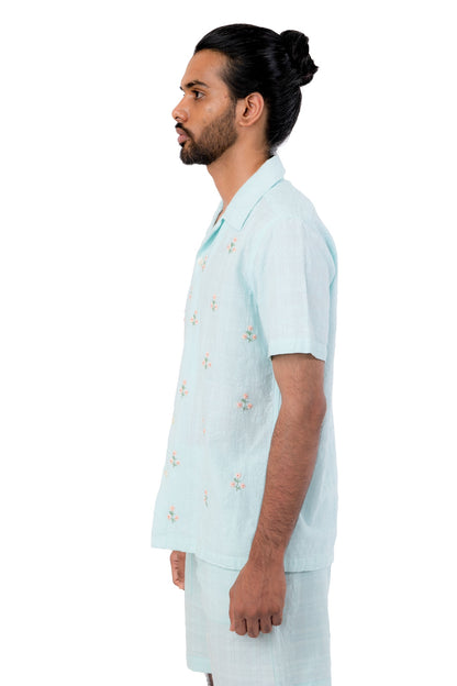 Pastel Blue With Pastel Orange Flower Embroidery Shirt