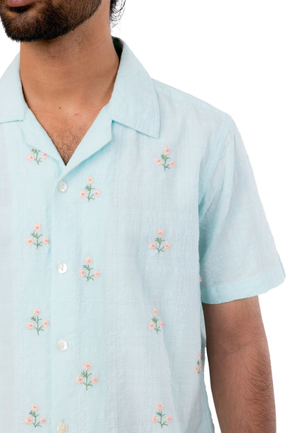 Pastel Blue With Pastel Orange Flower Embroidery Shirt