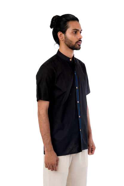 Black Handloom Shirt With Blue Lines