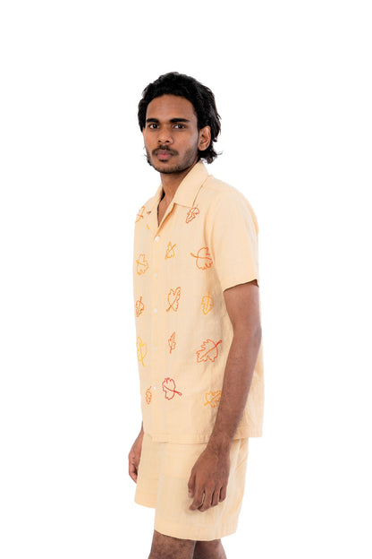 Pastel Yellow Leaf Hand Embroidered Shirt