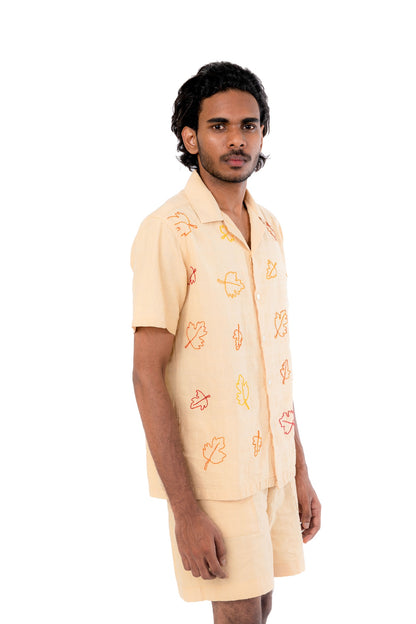 Pastel Yellow Leaf Hand Embroidered Shirt