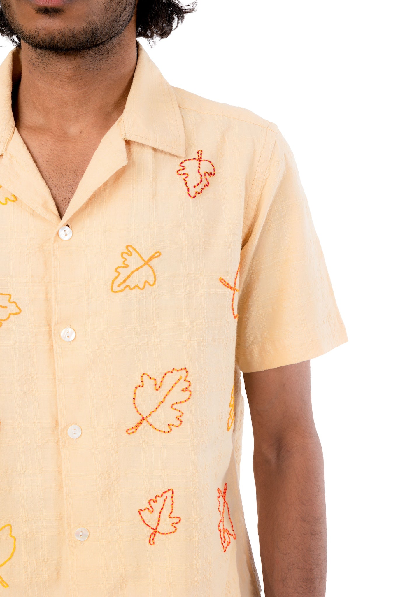 Pastel Yellow Leaf Hand Embroidered Shirt