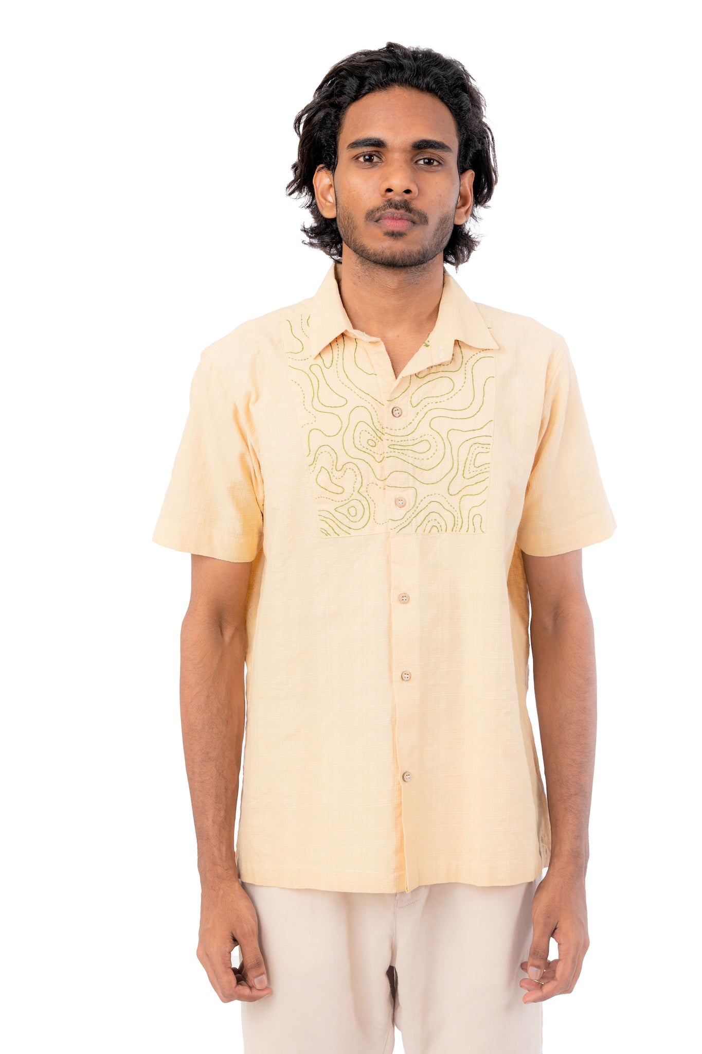 Pastel Yellow Handloom Green Hand Embroidered Shirt