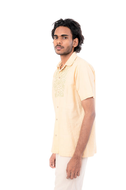 Pastel Yellow Handloom Green Hand Embroidered Shirt