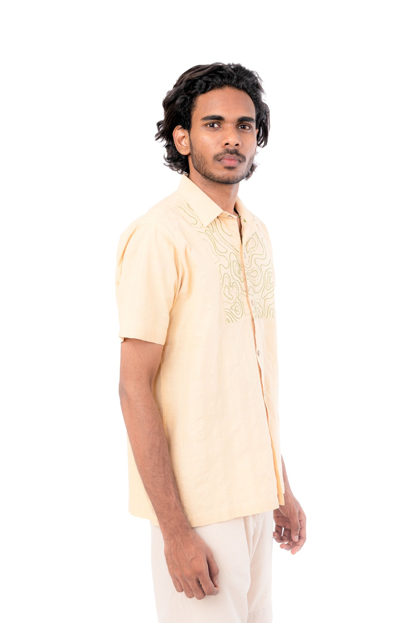 Pastel Yellow Handloom Green Hand Embroidered Shirt