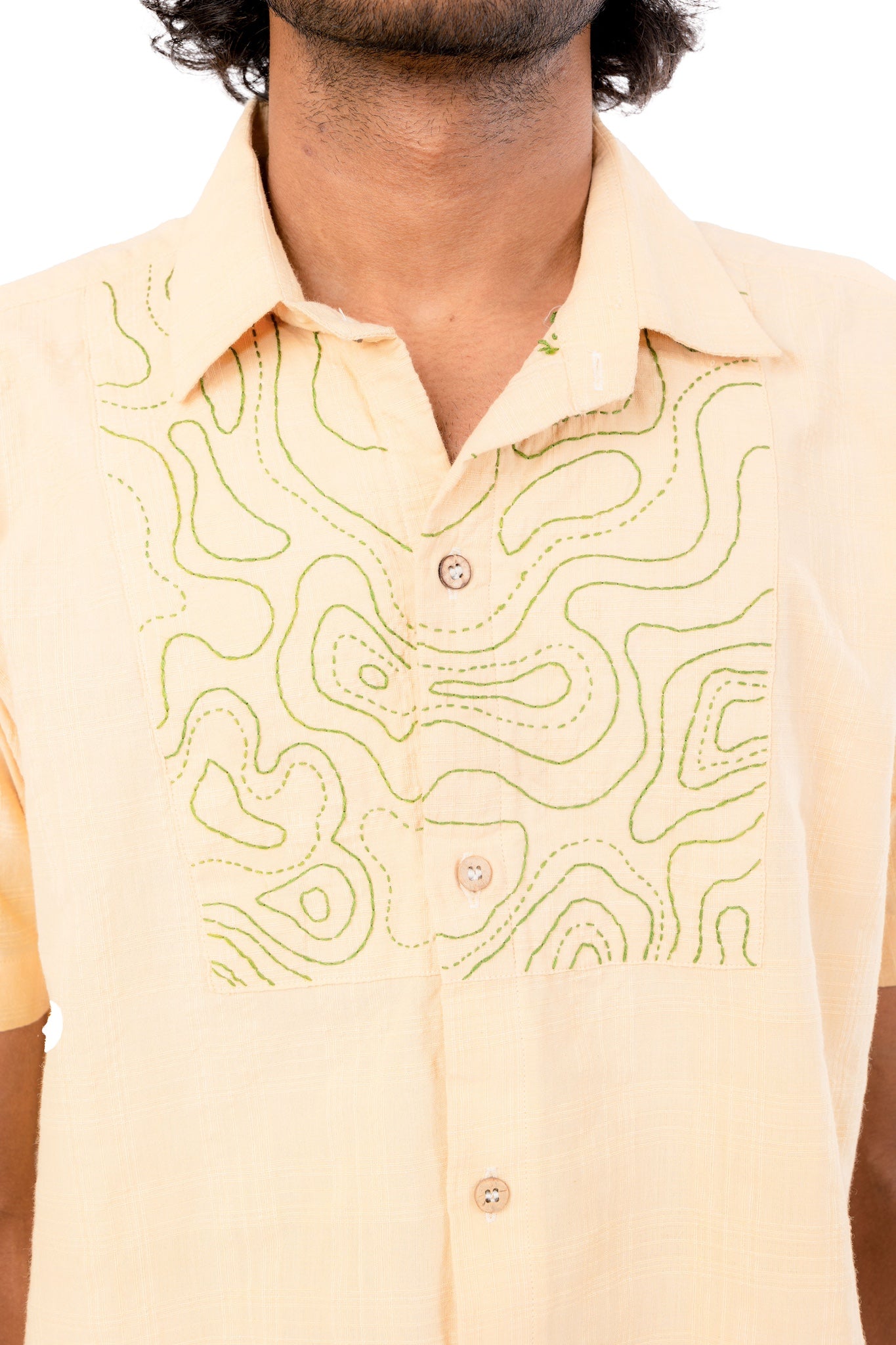 Pastel Yellow Handloom Green Hand Embroidered Shirt