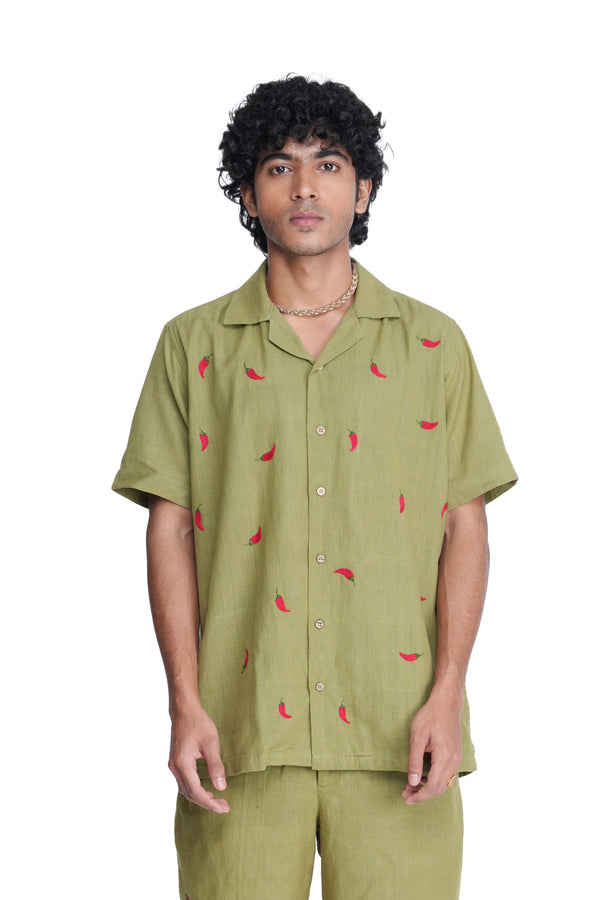 Hand Embroidered Unisex Chilli Green Handloom Cotton Shirt